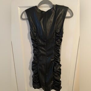 Zara black leather mini ruched sides and shoulder pad details dress